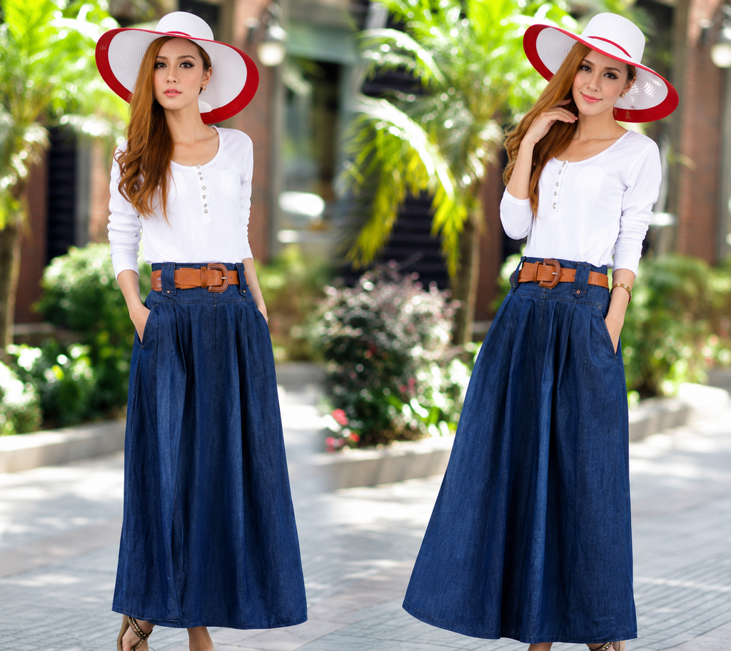 Retro Medium-Length Pleated National Style Denim Skirt