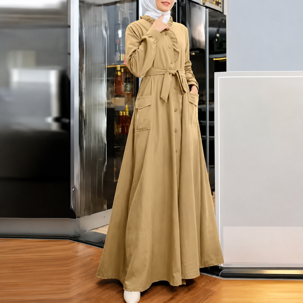 Solid Color Lace Collar Long Sleeve Belted Dress