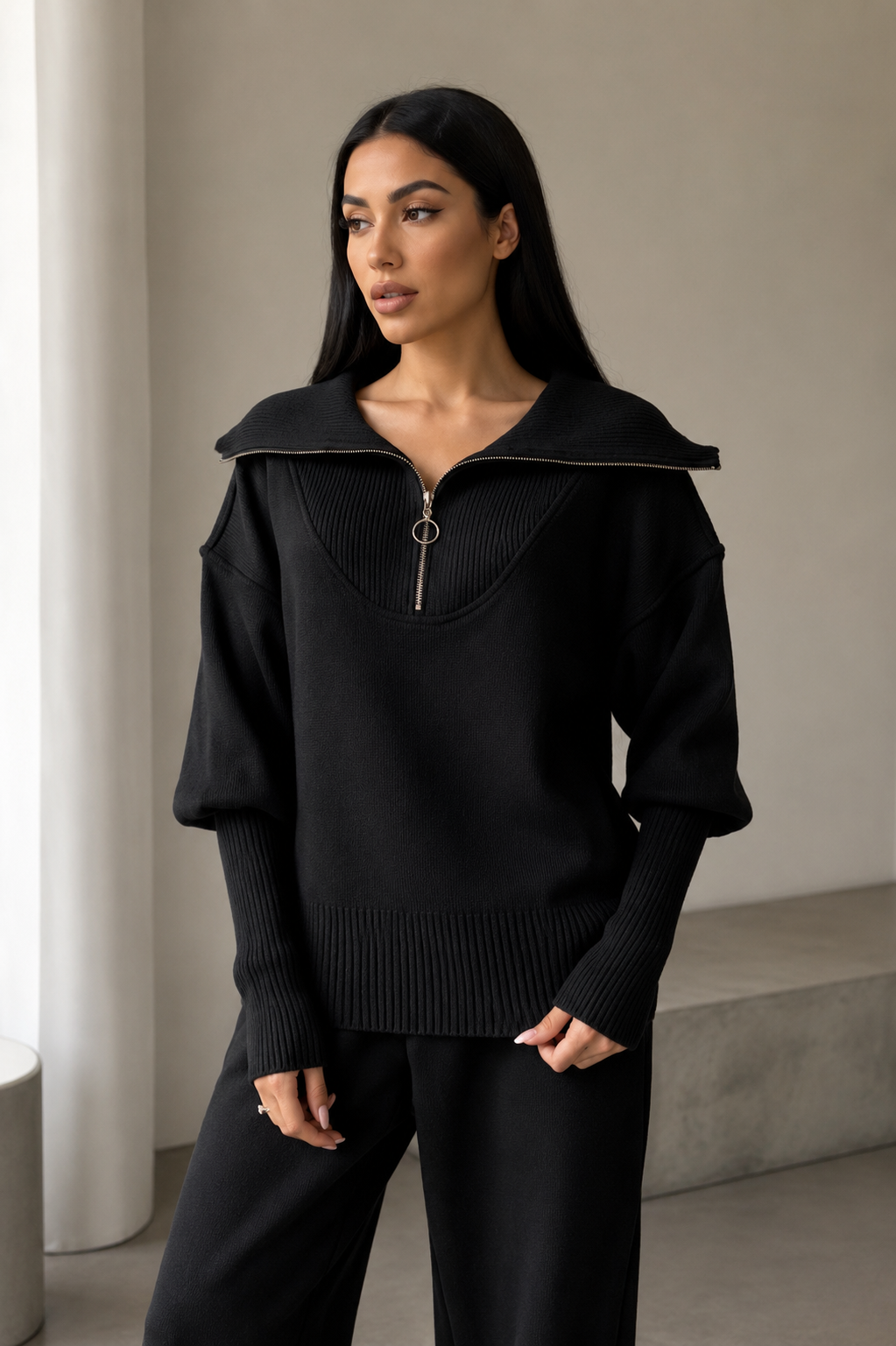 Comfortable Loungewear - Solid Color Zip Hoodie Set