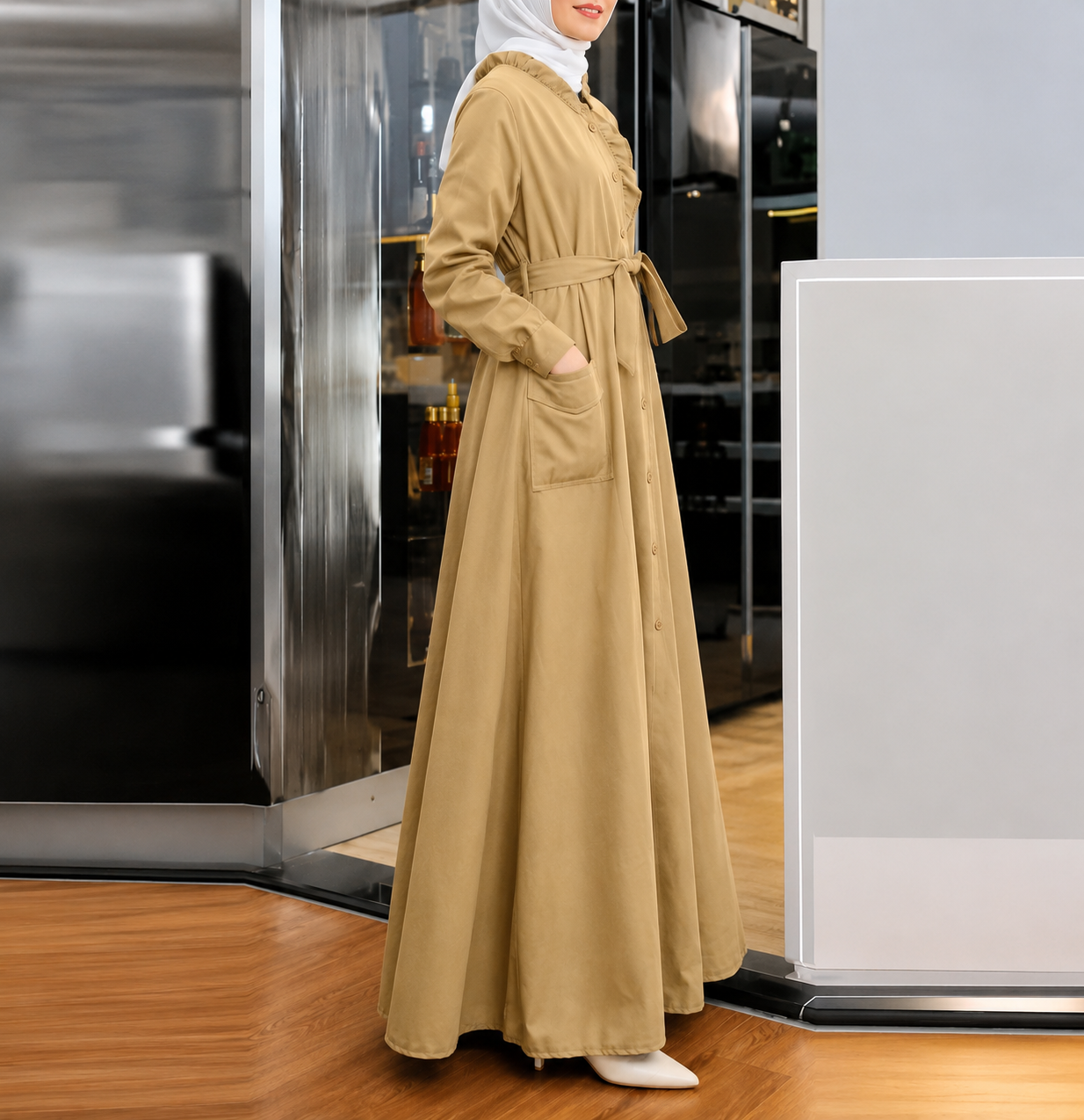 Solid Color Lace Collar Long Sleeve Belted Dress