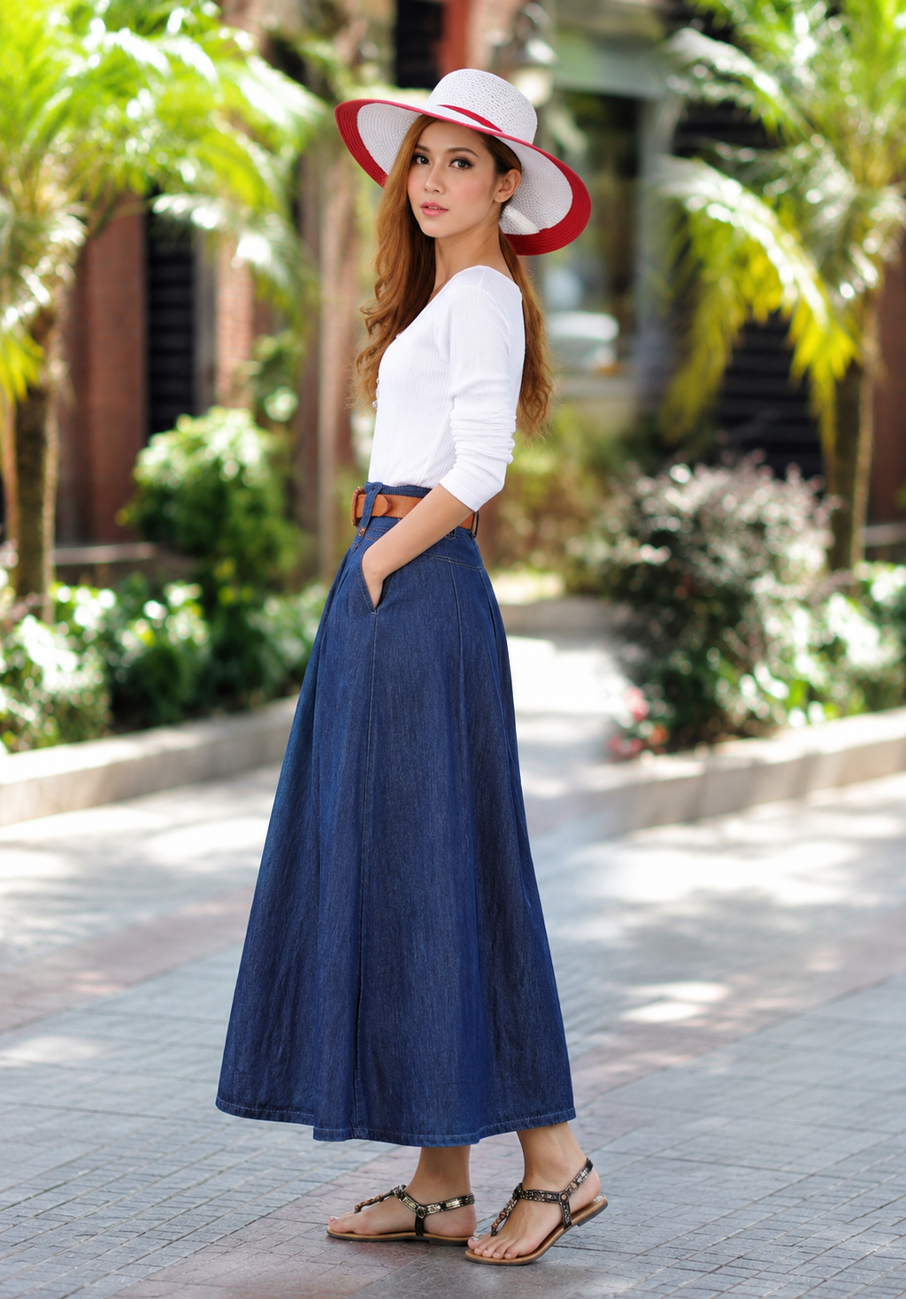 Retro Medium-Length Pleated National Style Denim Skirt